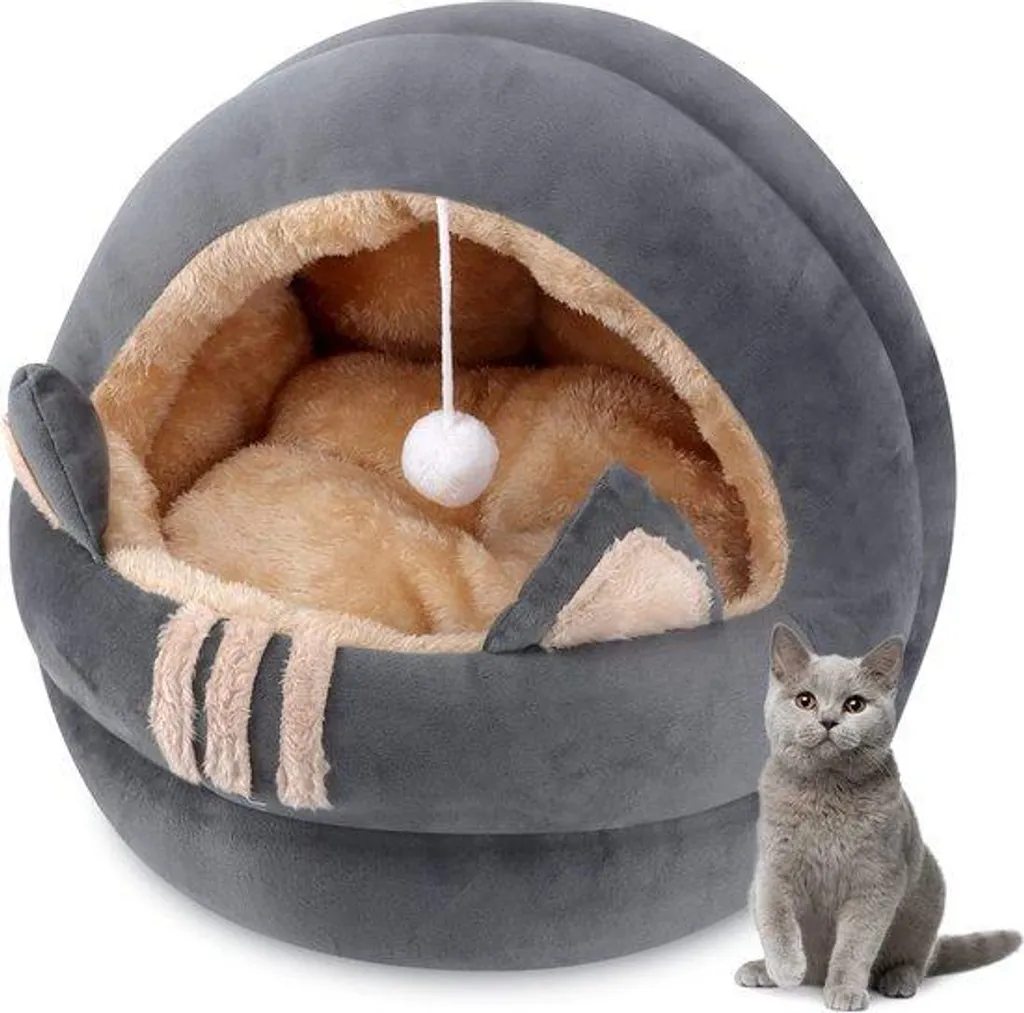 Couchage chien 40 cm pour intérieur - Lit rond avec toit sécurisant