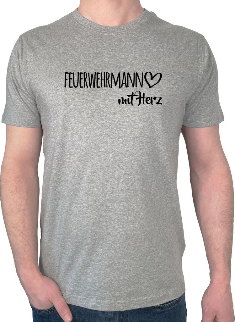 Huuraa Herren T-Shirt Feuerwehrmann mit Herz M Sport Grey Bio Baumwolle Fairtrade Herrenshirt Geschenkidee