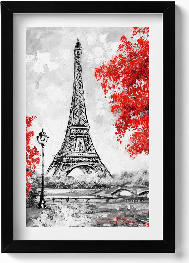 Gemälde mit dem Eiffelturm und roten Bäumen– Wandbild mit Rahmen – Gerahmtes Bild – Wanddekoration – 20x30 cm – Schwarz