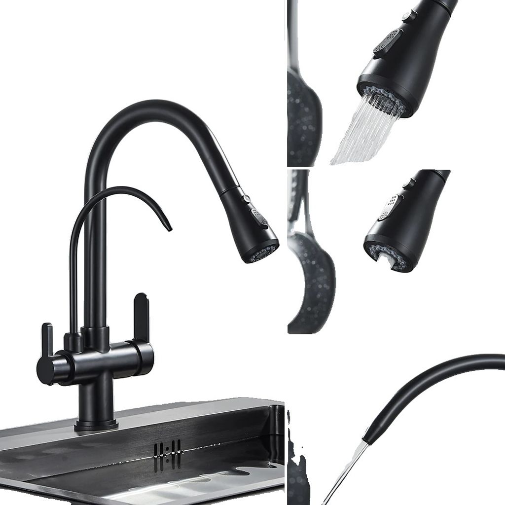 Antiker Küchenwasserhahn, Ausziehbares Design, Doppelgriff, matte schwarz