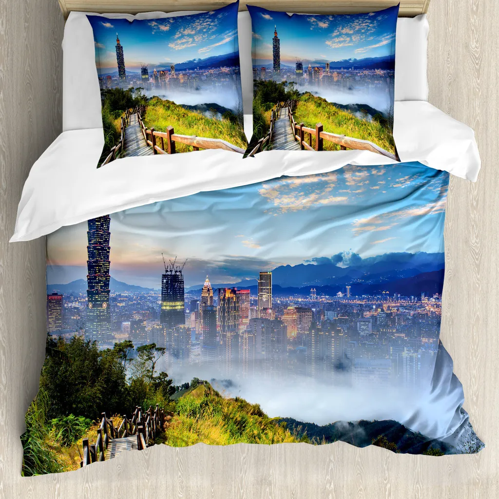 ABAKUHAUS Copripiumino paesaggio, città Cosmopolitan Life, antiacaro, adatto a chi soffre di allergie, con federe, 155 cm x 220 cm - 80 x 80 cm, multicolore