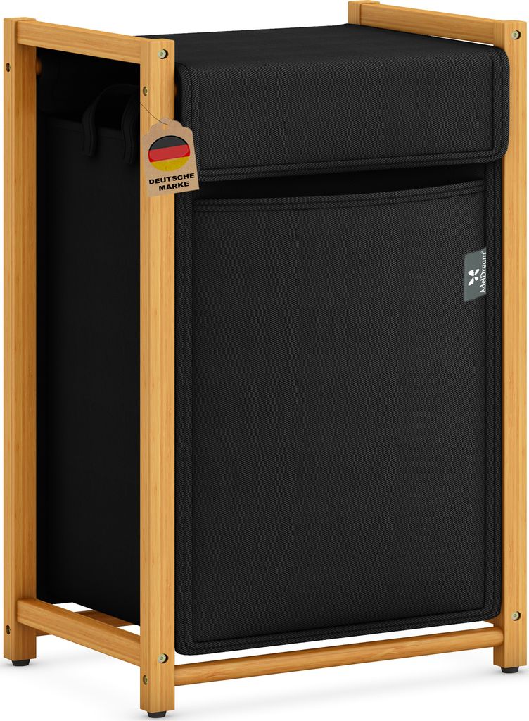AdelDream Wäschekorb Bambus wäschesortierer Kleidersortierer Fächer Wäschewagen mit abnehmbaren Taschen Kleidersammler Laundry Basket 80L Schwarz