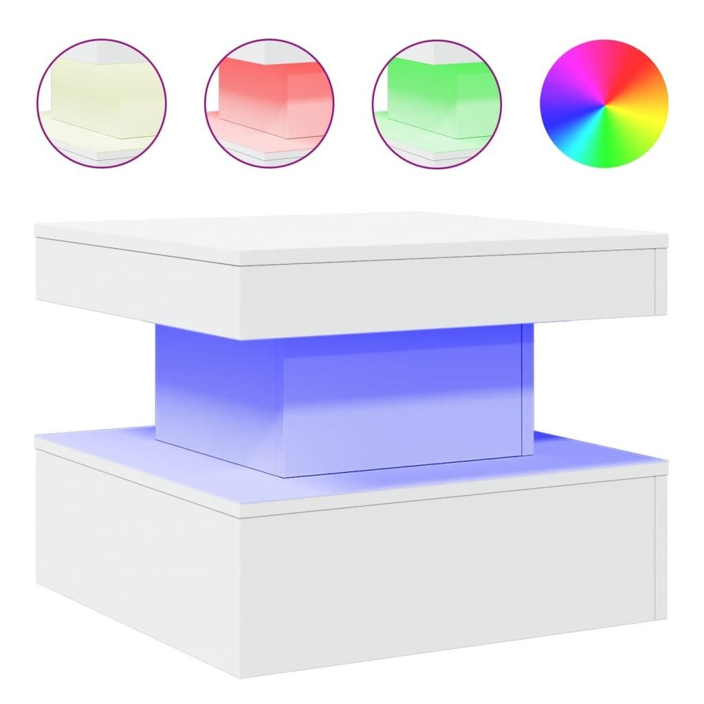 A white coffee table with blue LED lighting in the center section.