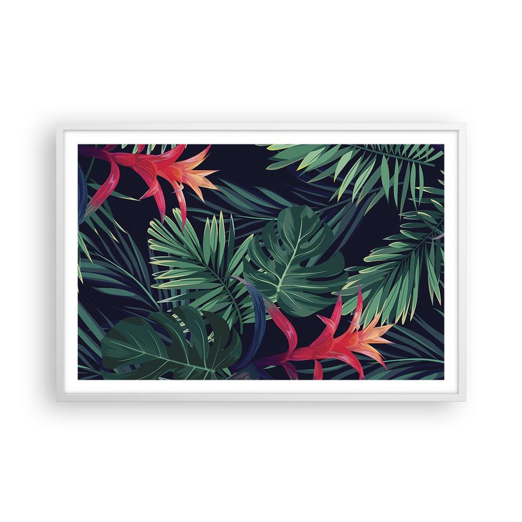Gerahmtes Poster - Weißer Rahmen - Exotisch Blumen Blätter - 91,5x61 cm - Wand Bild - Wanddeko - Wandbilder - Kunstposter - Wandposter - Bilderra...
