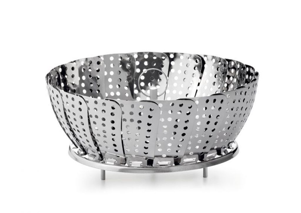 A stainless steel steamer basket on a white background.