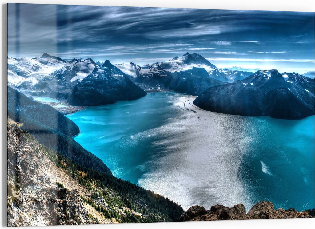 DEQORI Glasbild Echtglas 90x60 cm 'Blick auf Lake Garibaldi' Wandbild Bild modern Deko
