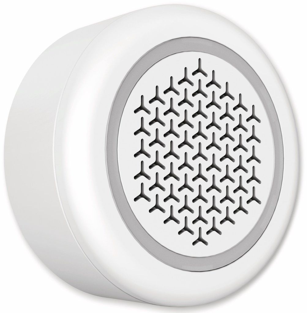 A white, round smart alarm siren with a patterned speaker grille.