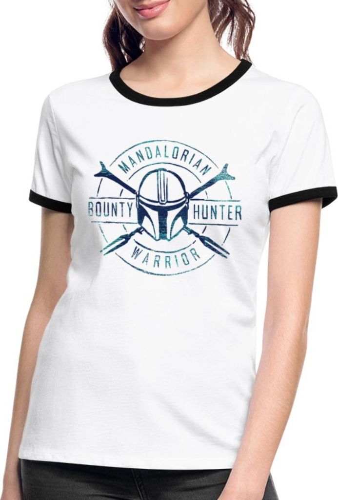 Star Wars: Mandalorian Bounty Hunter Warrior Frauen Kontrast T-Shirt, XL, Weiß/Schwarz