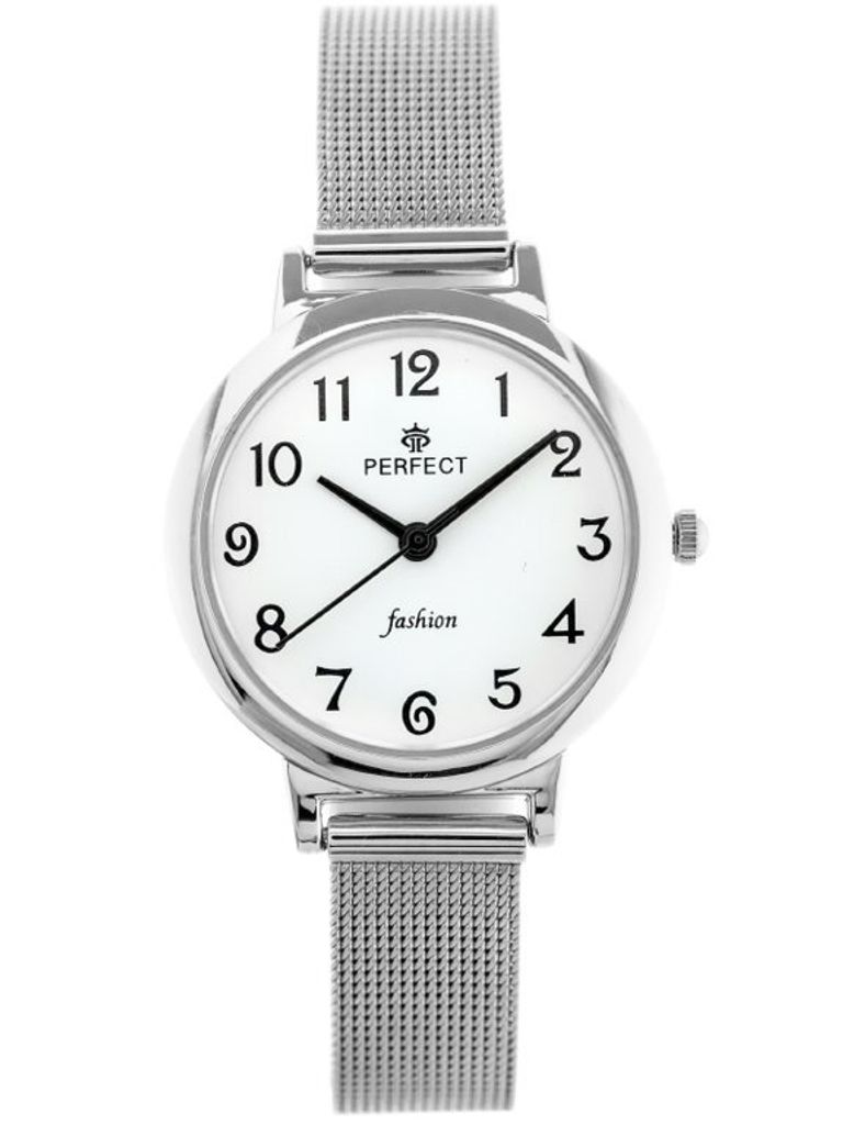 A close-up studio shot of a silver analog watch with a white face.