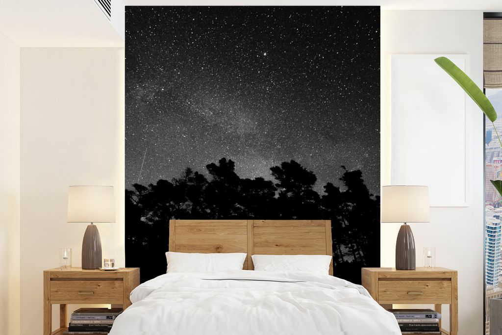 MuchoWow Fototapete für Wohnzimmer oder Schlafzimmer Wandtapete Vinyl Motivtapete Sternenhimmel - Wald - Himmel - Schwarz - Bäume - 175x240 cm ...