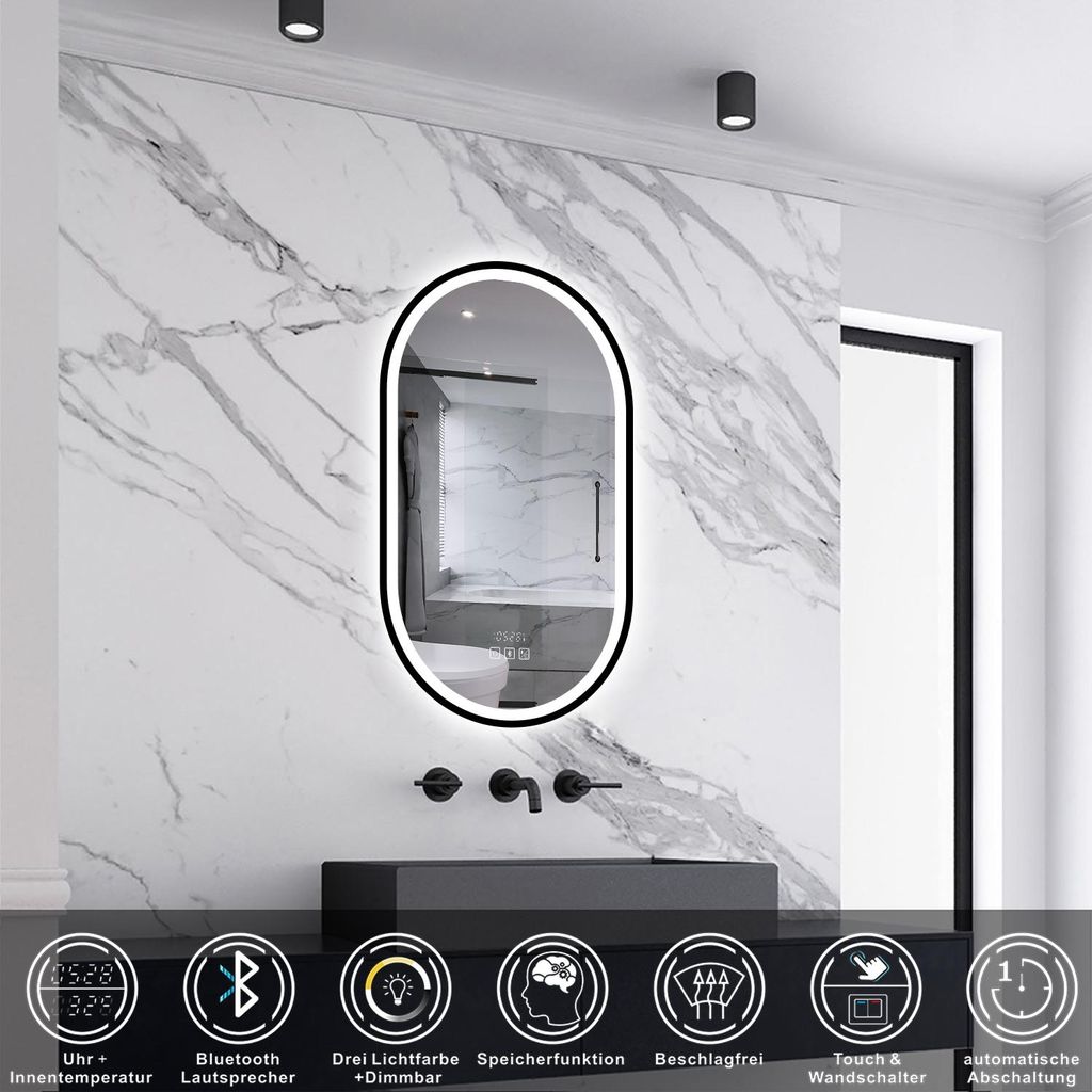 AICA LED Badspiegel Oval 50x90cm Beschlagfrei Bluetooth Uhr 3 Lichtfarbe Dimmbar Wandspiegel mit Schwarzem Rahmen IP44