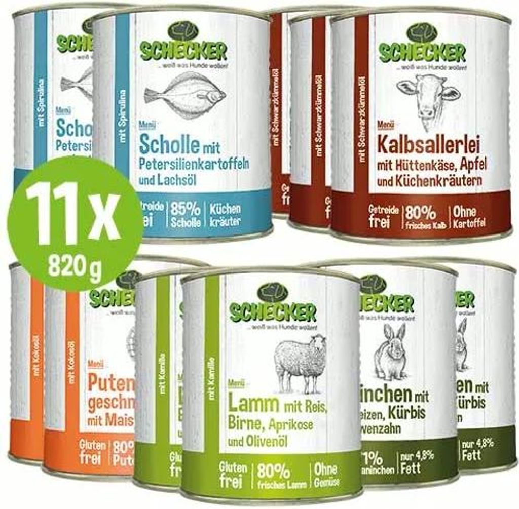 11x 820 g - Schecker Nassfutter - Hundemenü Auswahl - Kalb - Kaninchen - Lamm - Pute und Fisch