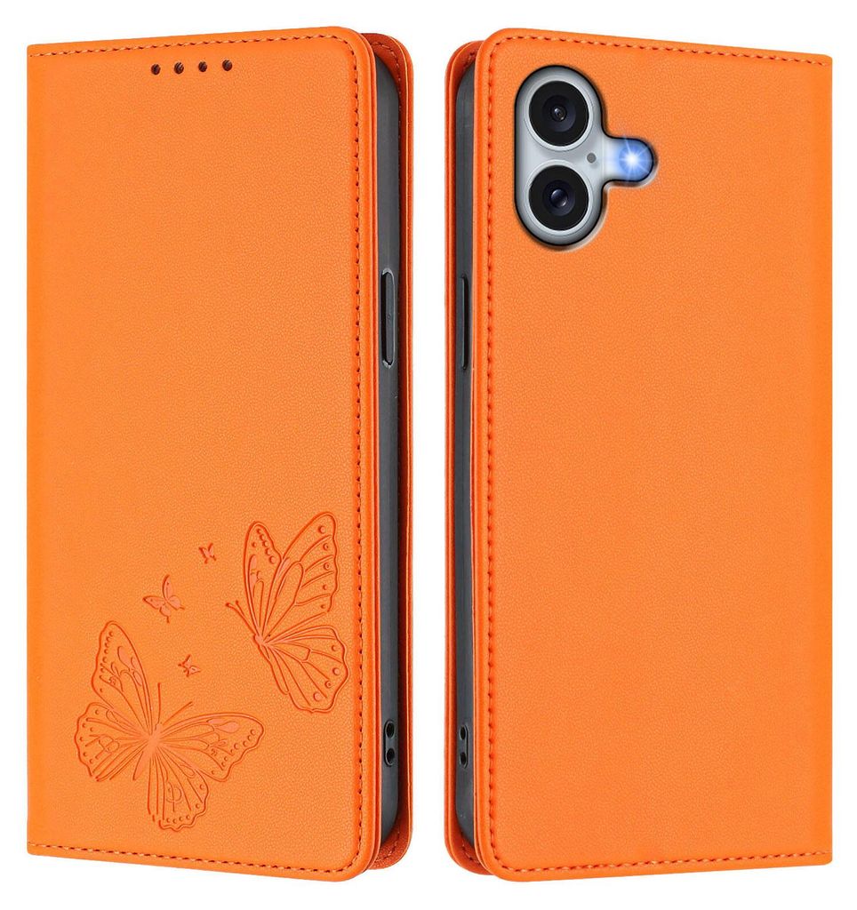 Lederhülle für iPhone 16 Plus, Schmetterling Prägung Leder Brieftasche Schutzhülle mit Ständer Orange