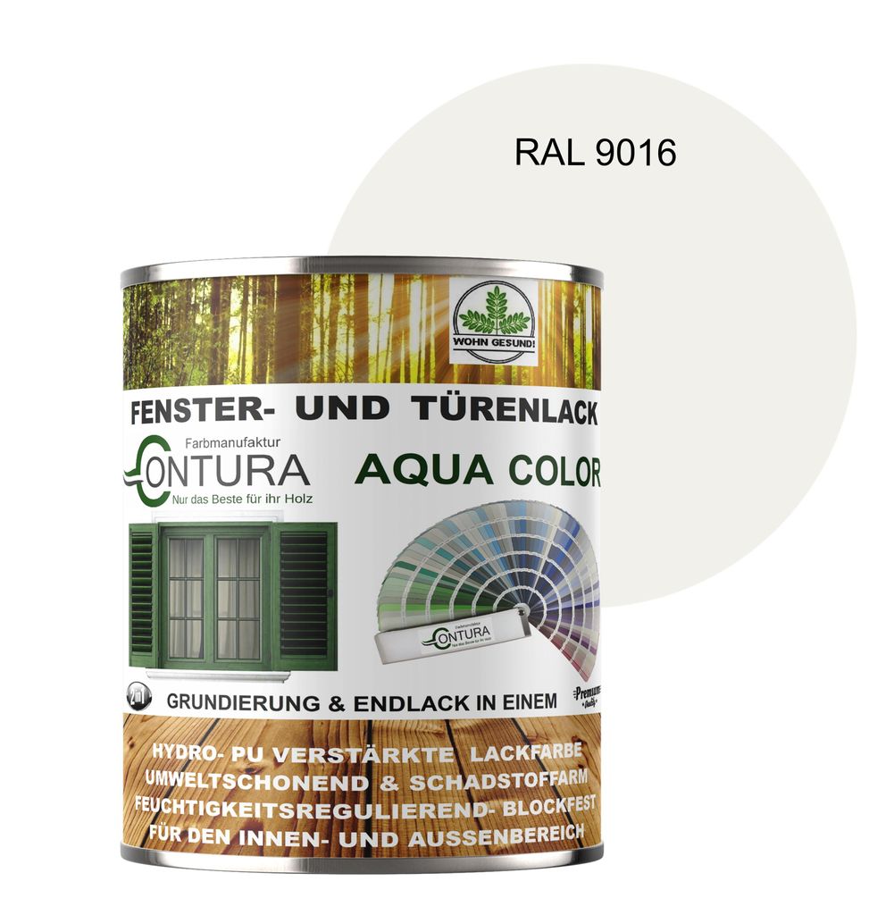 Contura 750ml Fenster und Türenlack Seidenmatt nach RAL 2in1 mit Pinsel Möbellack Innen und Außen Holzlack - RAL 9016 Verkehrsweiß