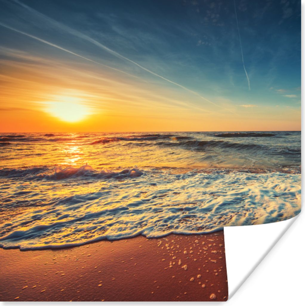 MuchoWow Poster Strand - Meer - Sonnenuntergang - Gold 50x50 cm - Wohnzimmerdekoration