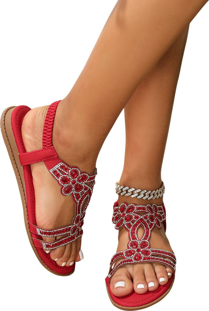 ASKSA Damen Glitzer Sandalen Sommer, Strass Sandalen Elegant Flach Schuhe, Rot, Groesse: 40