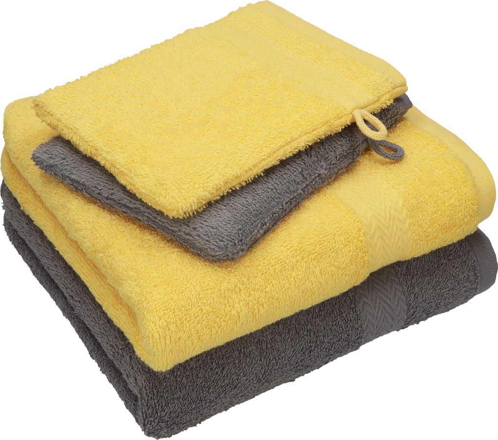 Betz 4 tlg. Handtuch Set HAPPY Pack 100% Baumwolle 2 Handtücher 2 Waschhandschuhe farbe - anthrazit grau - gelb 250702