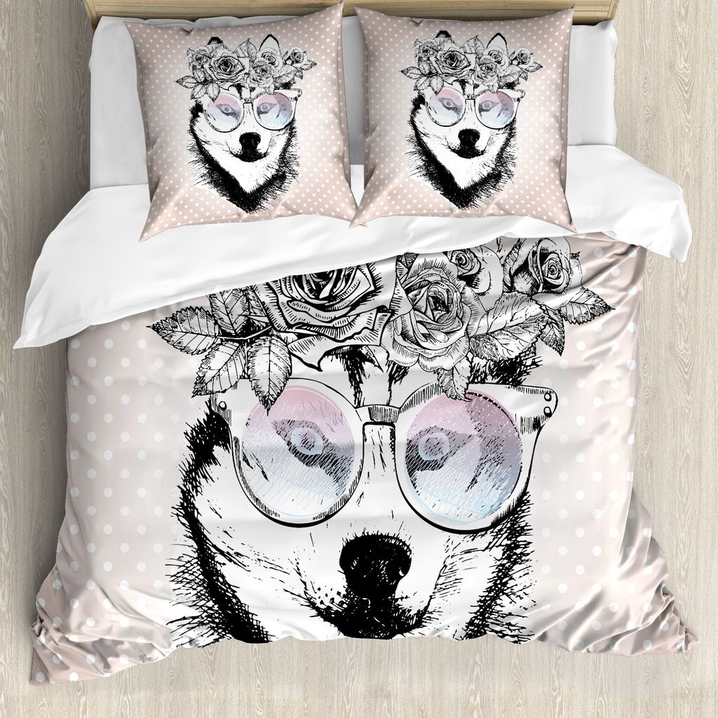 ABAKUHAUS Alaskan Malamute Bettbezug, Kranz Sonnenbrillen, Milbensicher Allergiker geeignet mit Kissenbezügen, 200 cm x 200 cm - 80 x 80 cm, Warm ...
