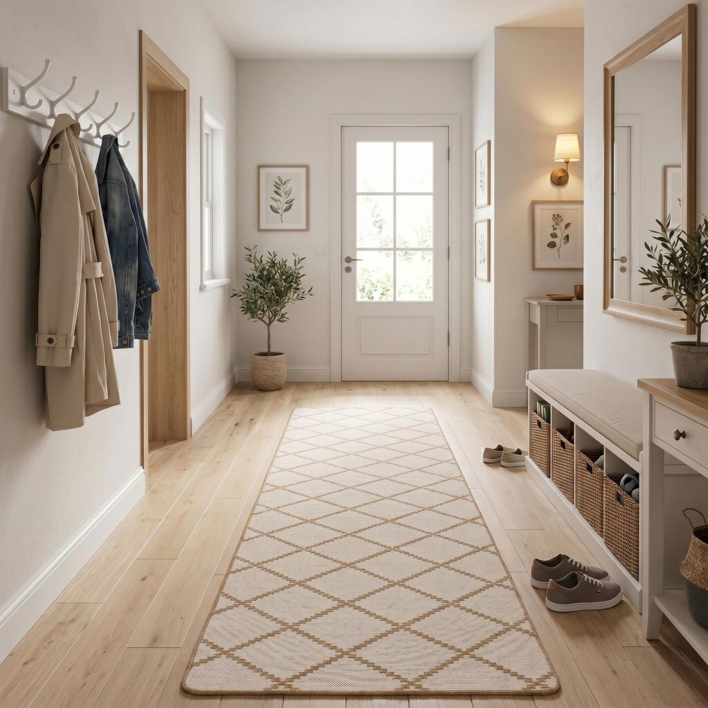 In- & Outdoor Teppich Läufer Beidseitig Newport Rauten Beige, Größe:100x100 cm