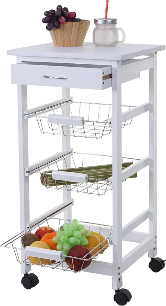 Carrello portavivande HWC-B69, carrello da cucina, carrello da tè, carrello da bar, carrello laterale, carrello da cucina con cassetto, 76x37x37cm bianco