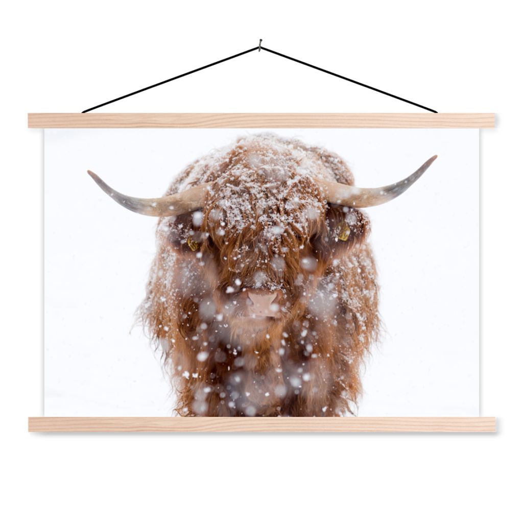 MuchoWow Textilposter Schottischer Highlander - Schnee - Porträt 120x80 cm mit holzfarbenen Rahmen - Aufhängeset