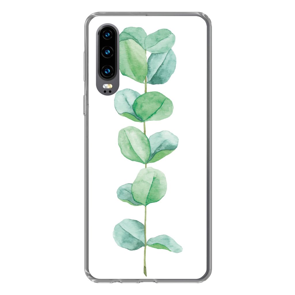 MuchoWow Handyhülle Schutzhülle Hülle für Huawei P30 Aquarell - Eukalyptus - Pflanze Silikon Softcase Handy Hülle - Kartenbesitzer