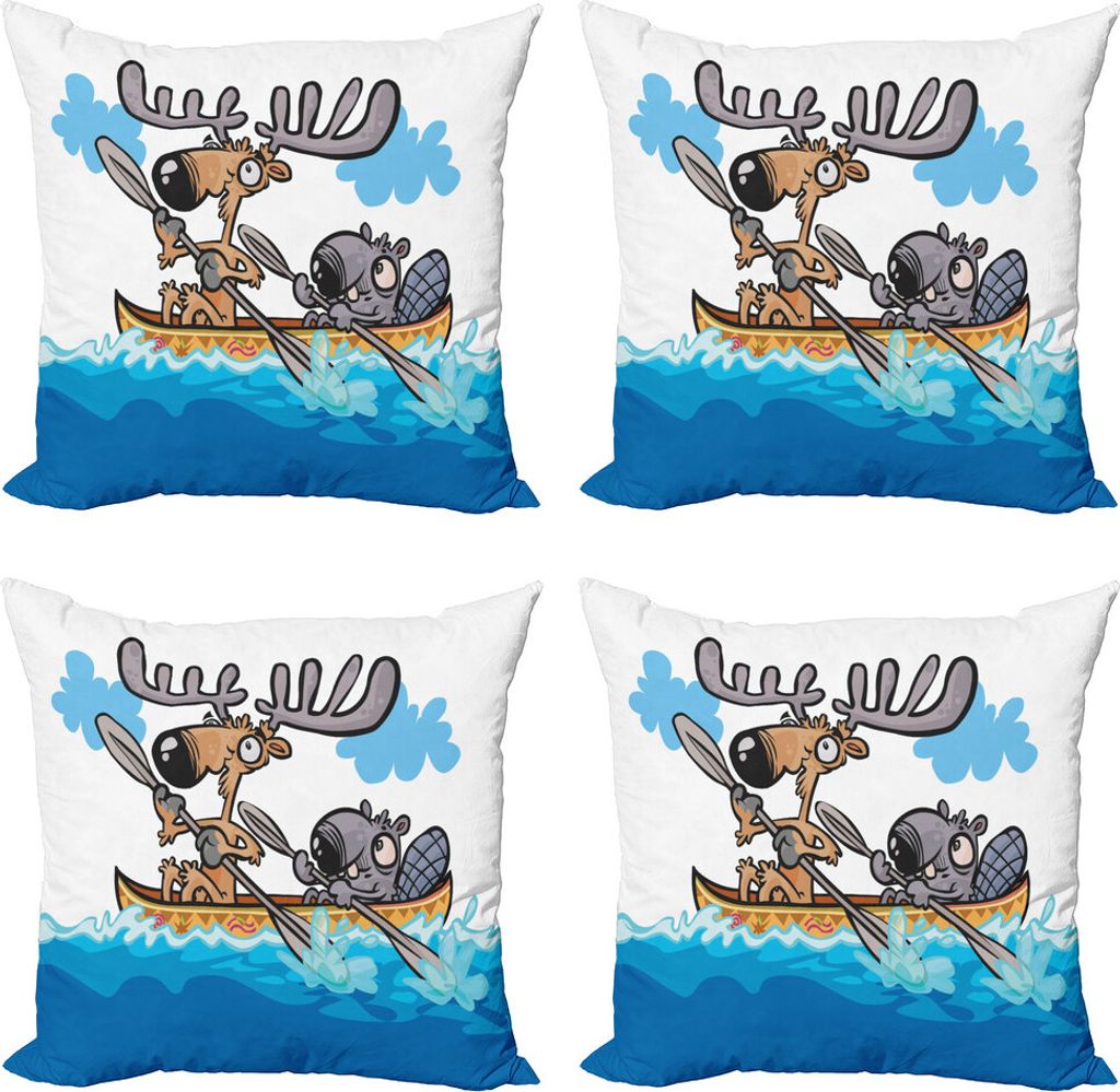 ABAKUHAUS Elch Kissenbezug Set (4 Stück), Einheimische Tiere Cartoon, Moderner Doppelseitiger Digitaldruck, 40 cm x 40 cm, Blau, Weiß, Braun