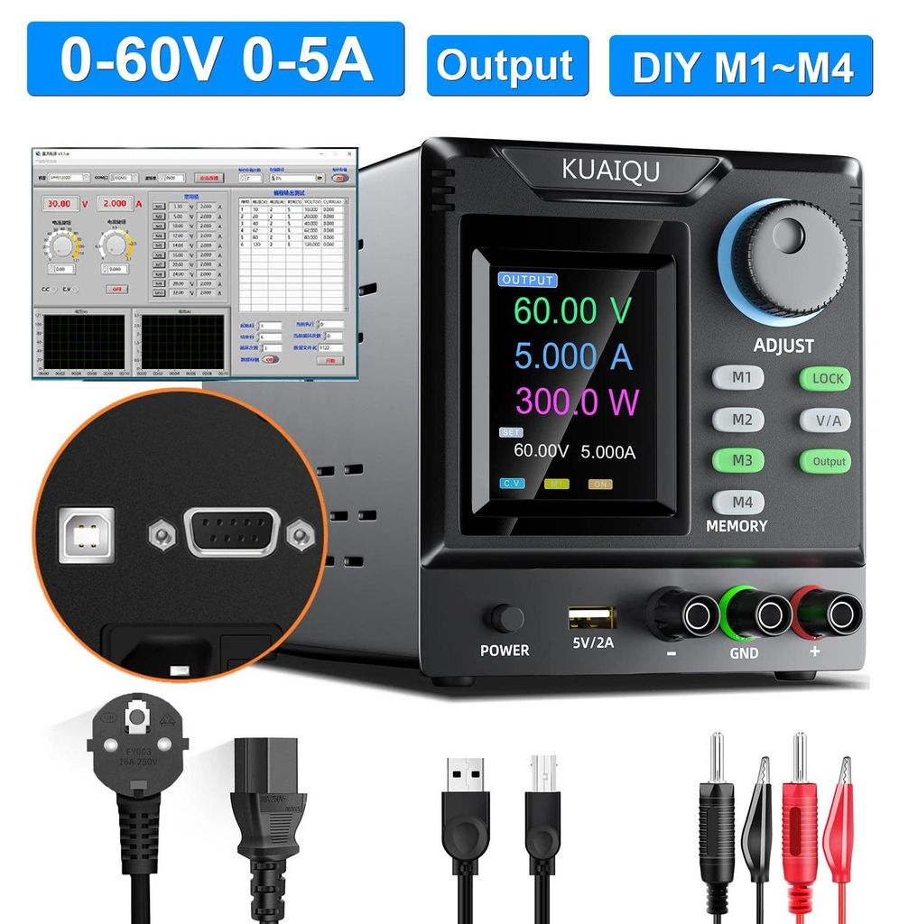 Programmierbares DC Labornetzgerät Netzteil - SPPS-D 60V 5A - Einstellbare Spannung/Strom - 4 Speicherplätze - USB-PC-Steuerung - Geregelter Einz...