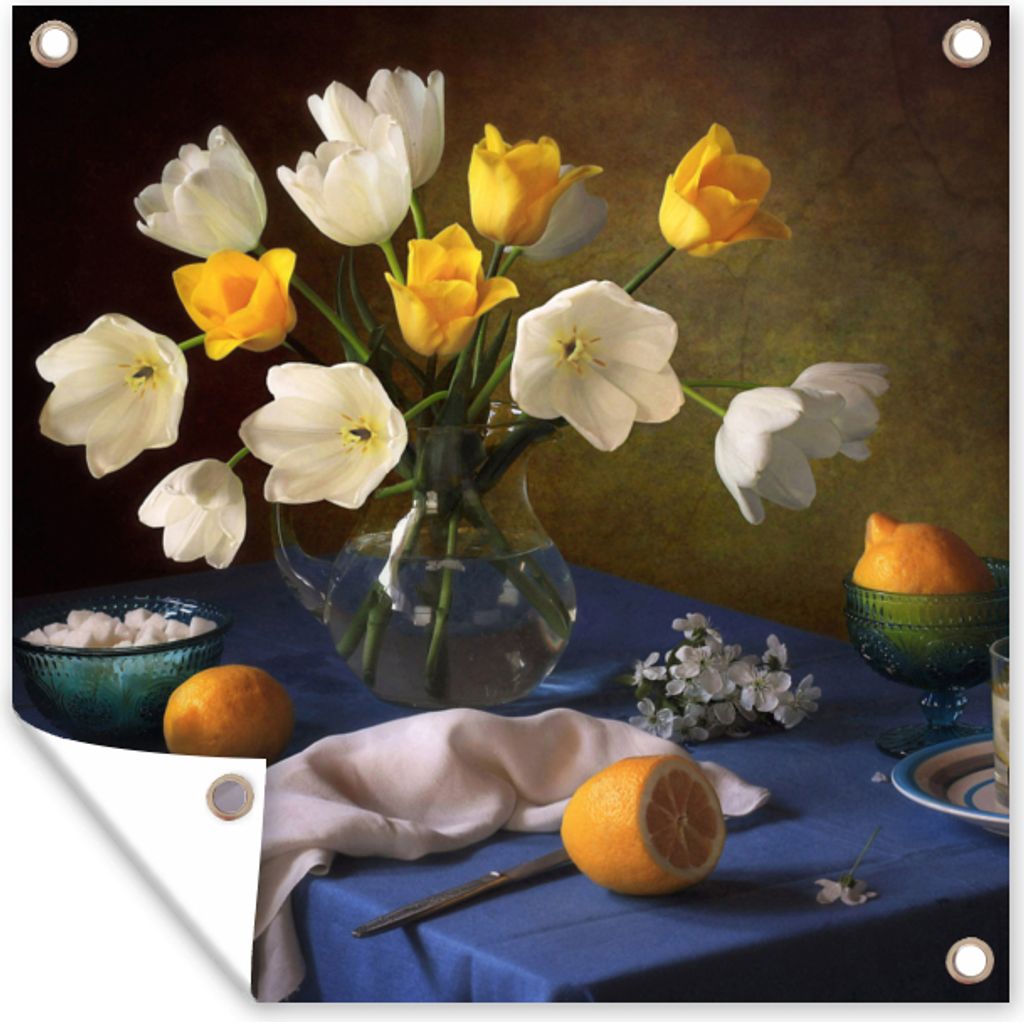 MuchoWow 50x50 cm Outdoor-Poster Gartendeko Sichtschutz Garten Poster für den Garten Stilleben - Vase - Obst