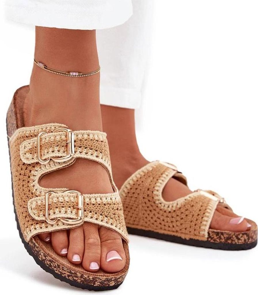 Häkelte Damenpantoletten Mit Goldenen Schnallen Camel Fenira 38