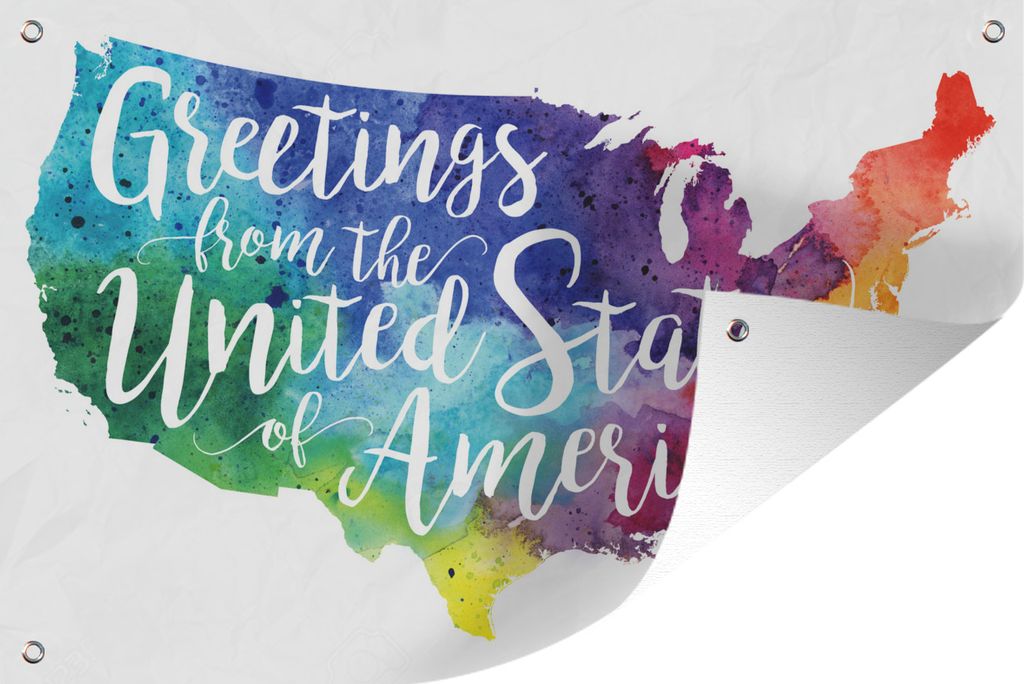 MuchoWow 90x60 cm Outdoor-Poster Gartendeko Sichtschutz Garten Poster für den Garten Bunte Karte USA mit Zitat