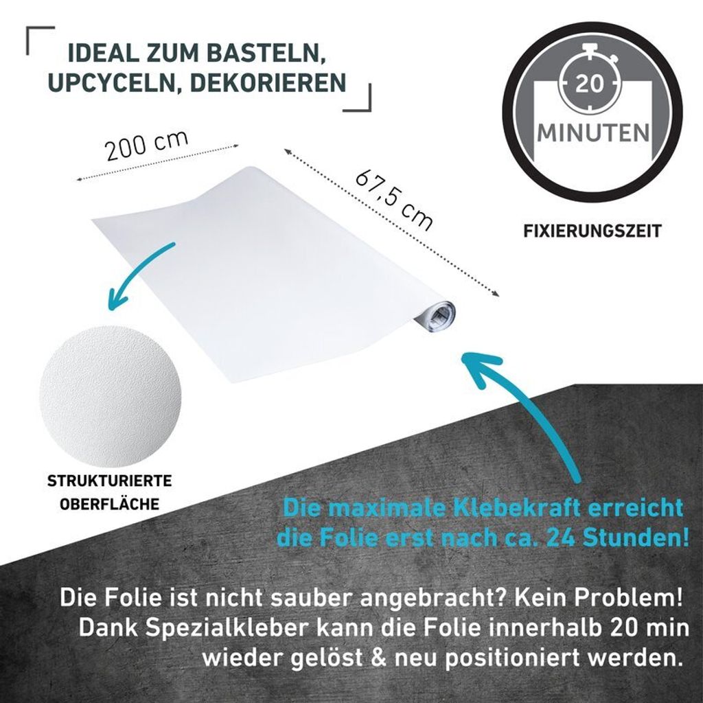 A white roll of adhesive foil is shown with dimensions and usage information.