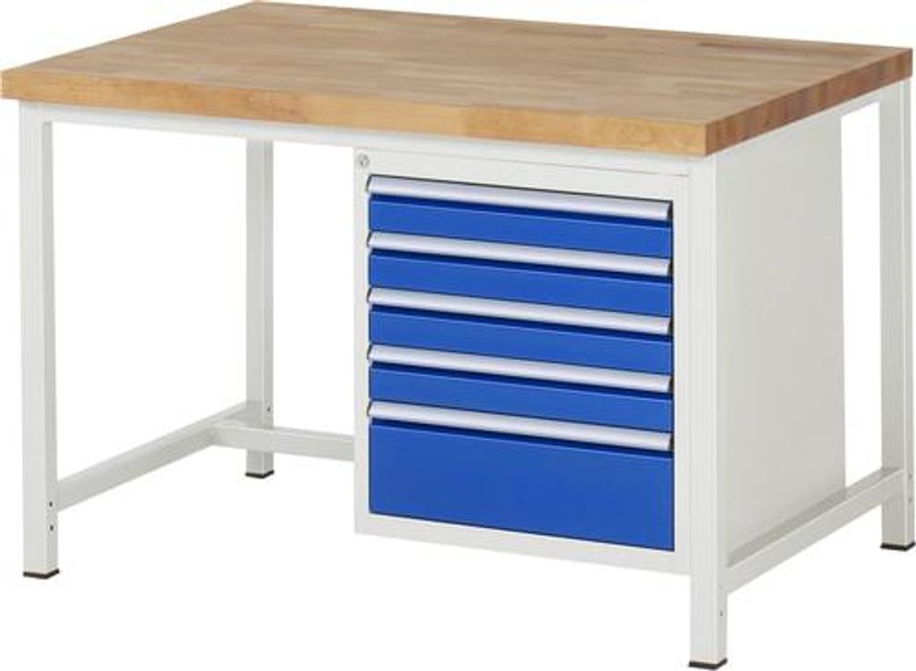 Werkbank mit 5 Schubladen - Teilauszug - 90:4 / 180:1 - höhenverstellbar 840-1.040 mm - 1.250 x 900 mm (BxT) - Traglast 1.250 kg - Buche