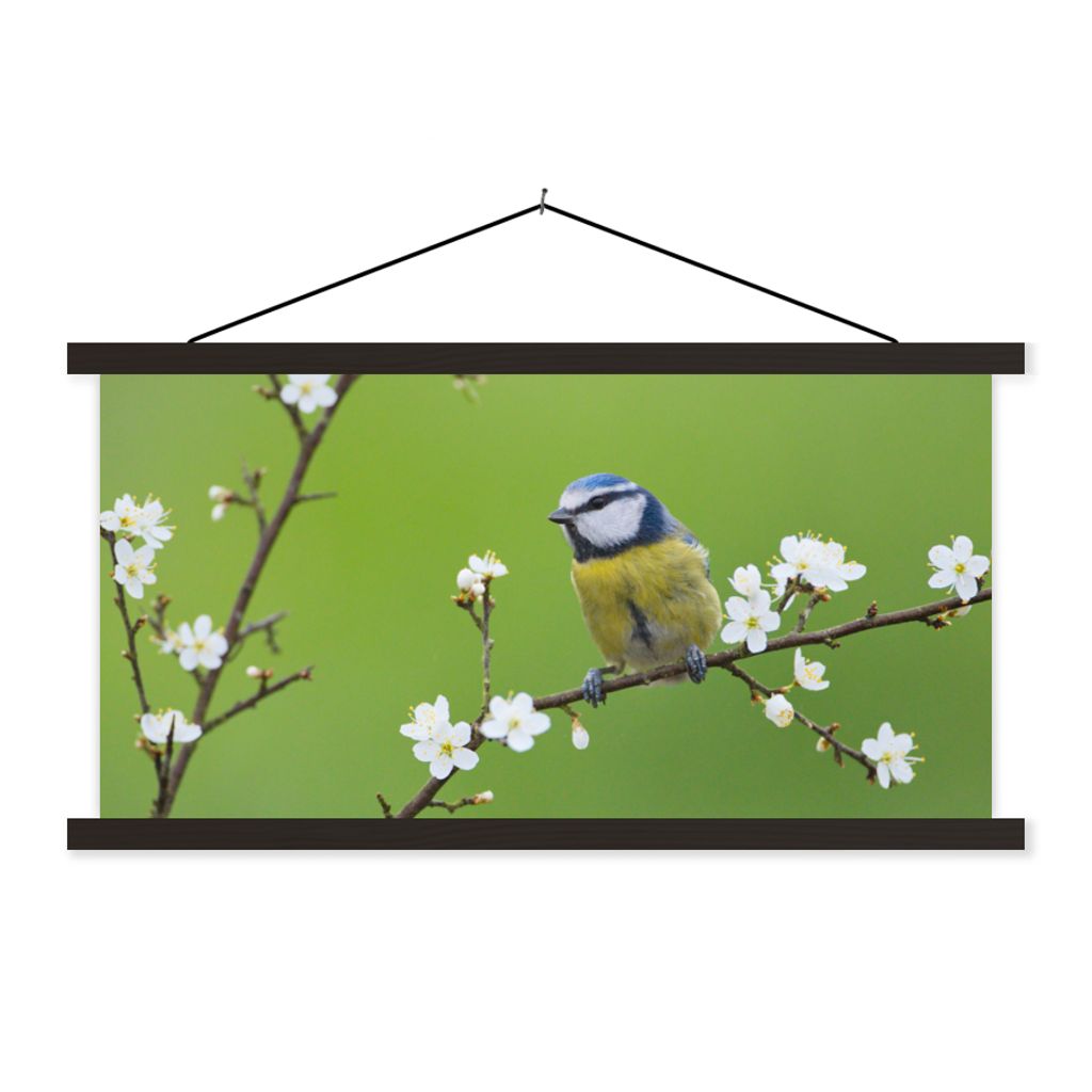MuchoWow Textilposter Blaumeise - Zweig - Blumen - Blühende Zweige - Vogel 60x30 cm mit schwarzem Rahmen - Textilien