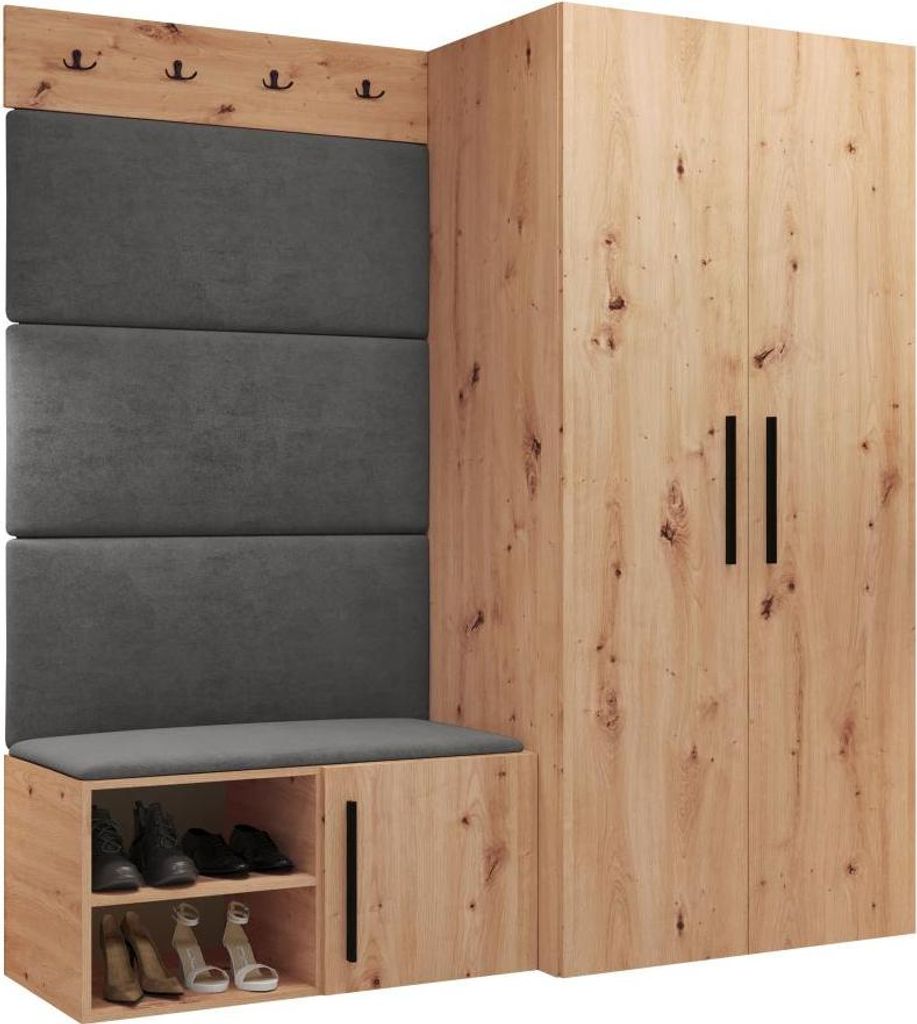 MIRJAN24 Garderoben-Set Medi I, Schuhschrank, Kleiderhakenbrett, 4x Paneel 84x42, 4 Kleiderhaken (Farbe: Artisan Eiche, Manila 16)