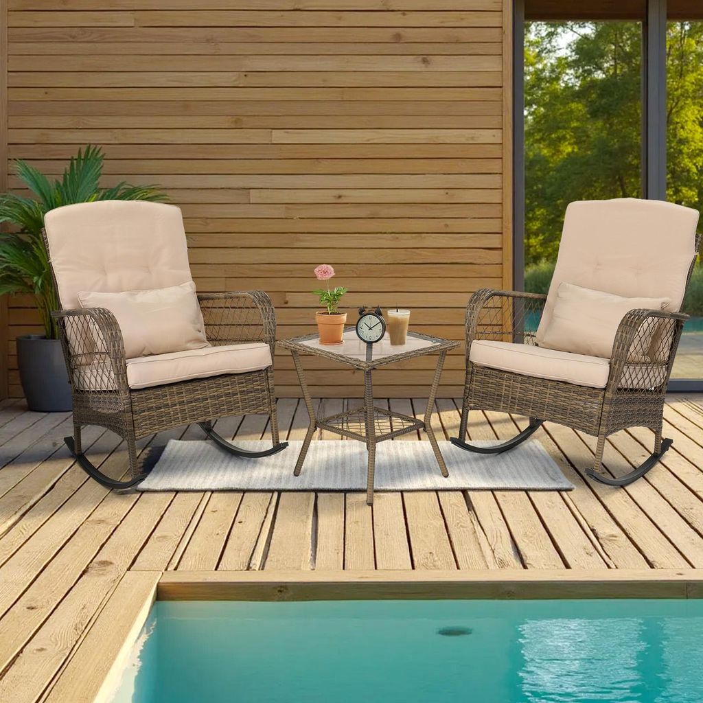 FCH Gartenmöbel Set 3-teiliges Balkonmöbel Set Balkon 2 Personen,mit 1 Couchtisch & 2 Schaukelstühle