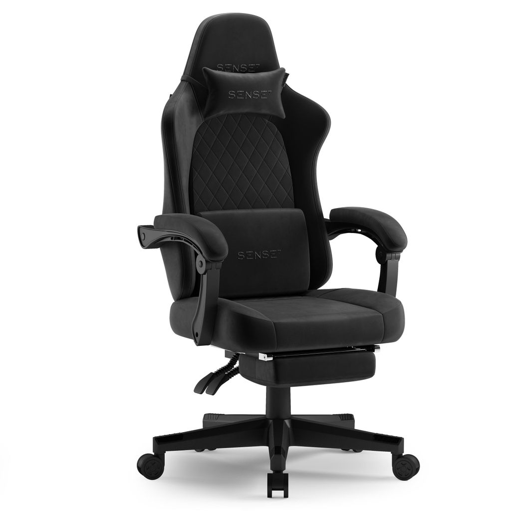 SENSE7 Devon Gaming Stuhl Stoff Schwarz - Ergonomischer Bürostuhl mit Fußstütze PC Schreibtischstuhl Zockerstuhl Alcantara 120 kg