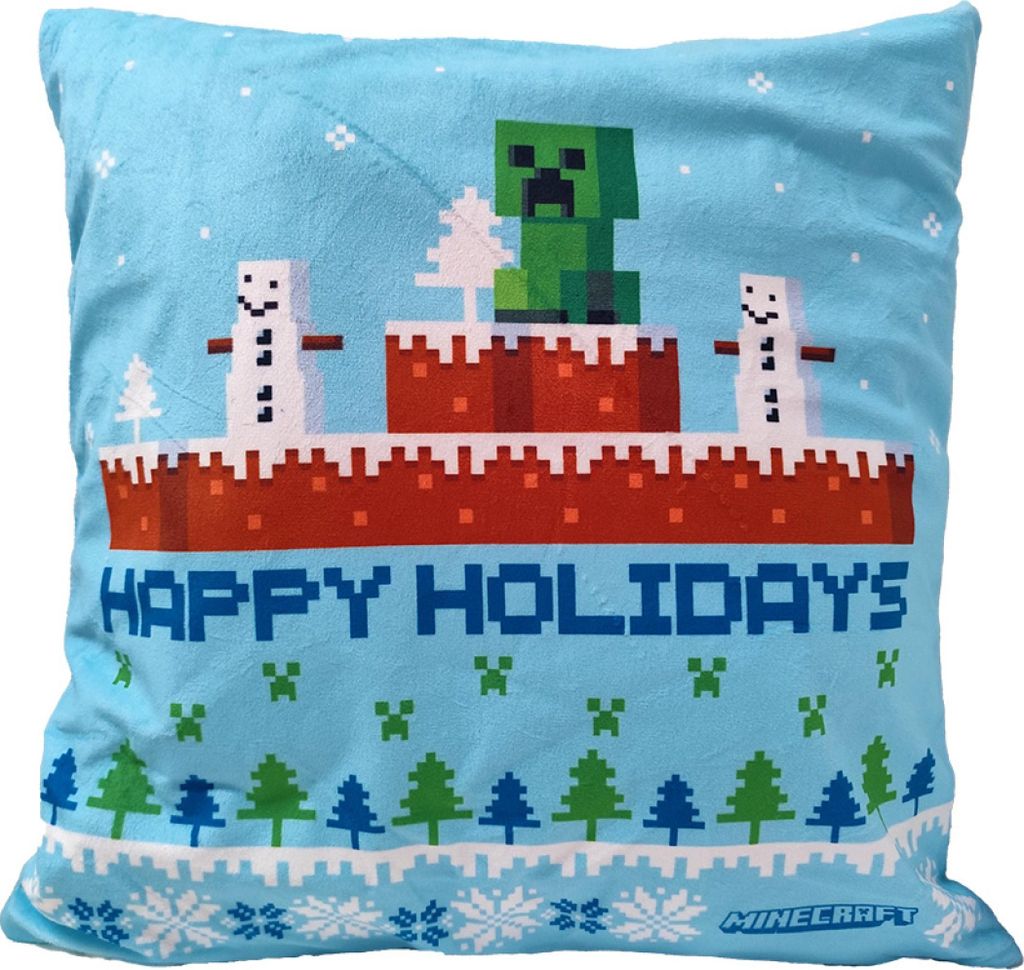 A Minecraft-themed holiday pillow with a festive design.