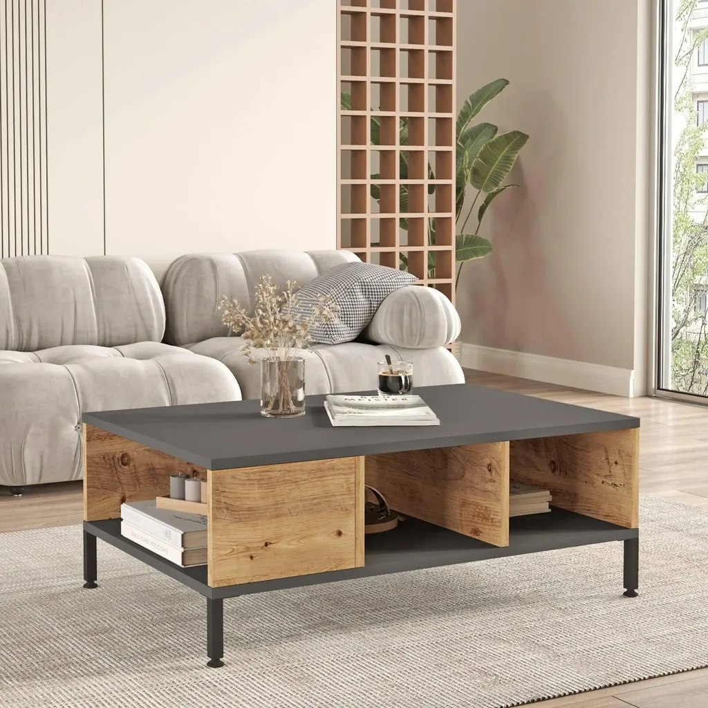 Table basse Lemie 90x60x33h cm Chêne Marron avec 3 Compartiments - 5