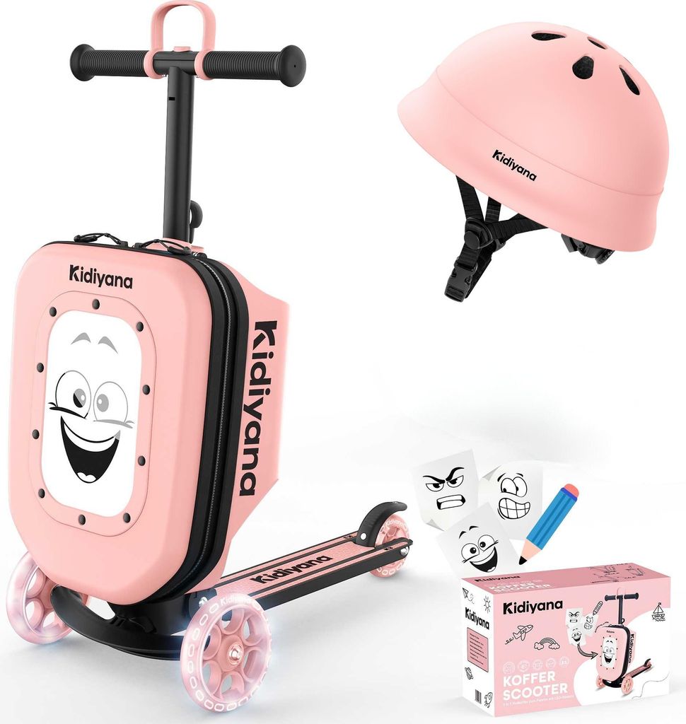 Kidiyana Kinder Scooter Rosa + Kinderhelm XS Rosa – 2-teiliges Set für Kinder ab 2 Jahren – Roller mit Schutzhelm – 48–54 cm