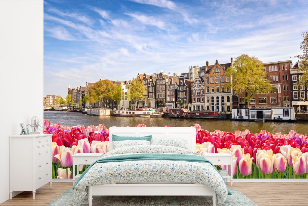 MuchoWow Fototapete für Wohnzimmer oder Schlafzimmer Wandtapete Vinyl Motivtapete Skyline - Grachten - Amsterdam - 390x260 cm - Papiertapete