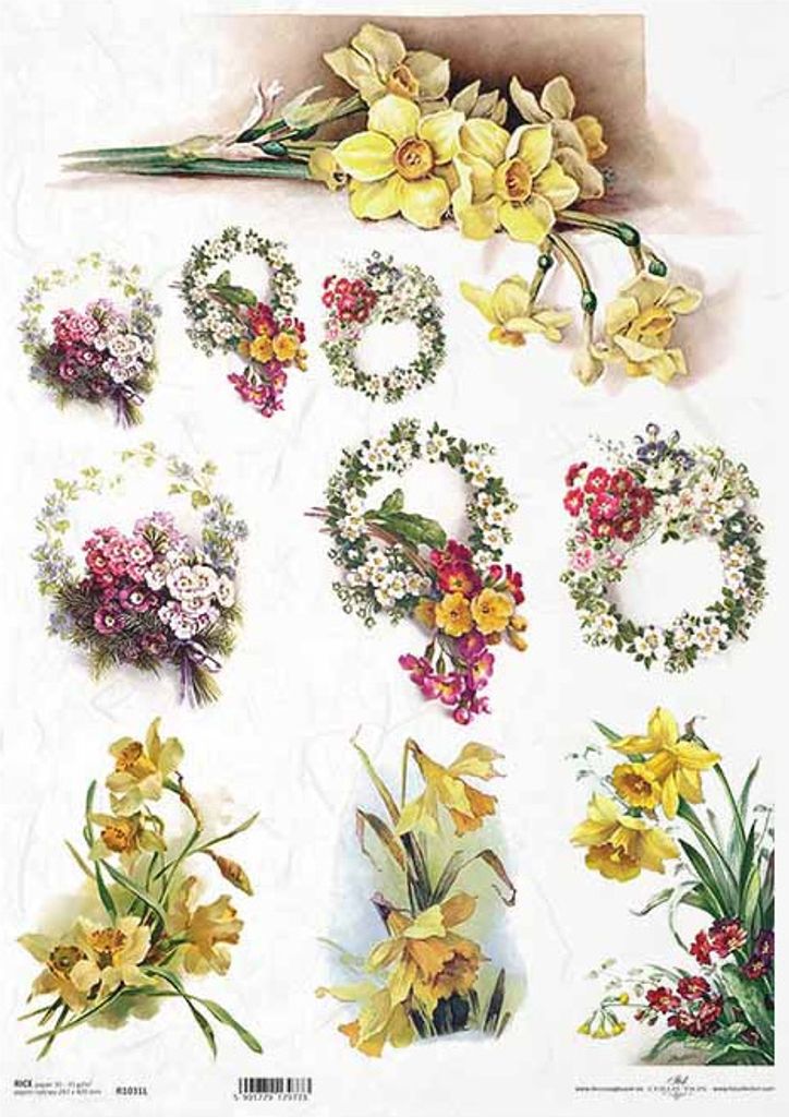 ITD Reispapier Decoupage Bastelpapier A3 Narzissen, Frühlingsblumen, Schlüsselblumen 1031L