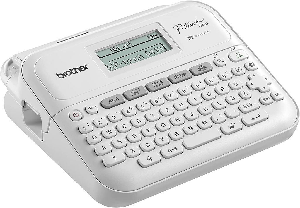 A white Brother P-touch D410 desktop label maker is shown from a slightly elevated front-right angle on a white background.