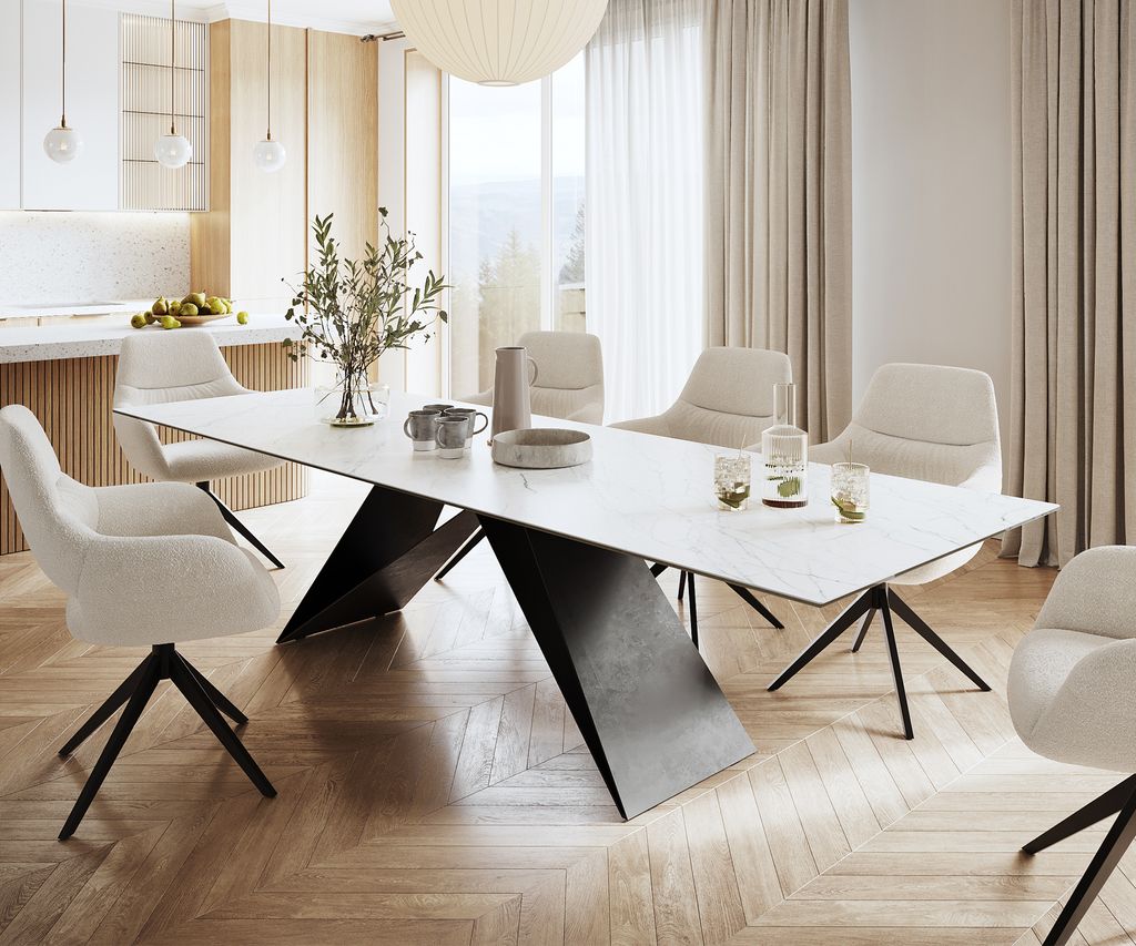 DELIFE Esstisch Edge 300x100cm Keramik Laminam Statuarietto Weiß V-Mittelfuß Schwarz