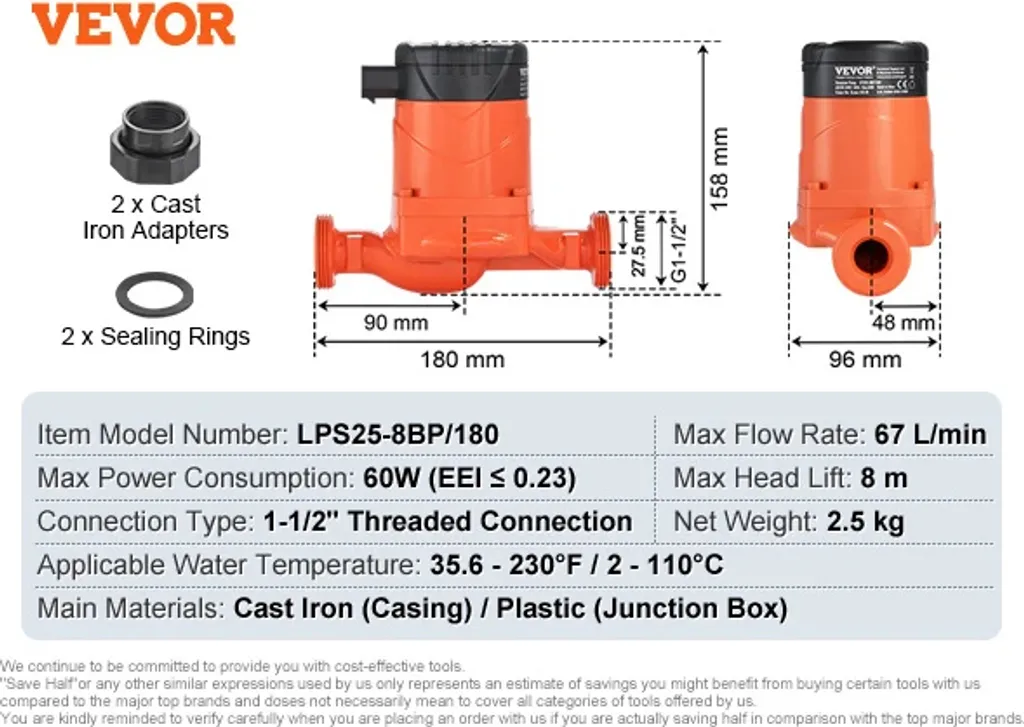 Circulateur d'eau chaude sanitaire 60W - 8m - Débit 67L/min robuste - 2