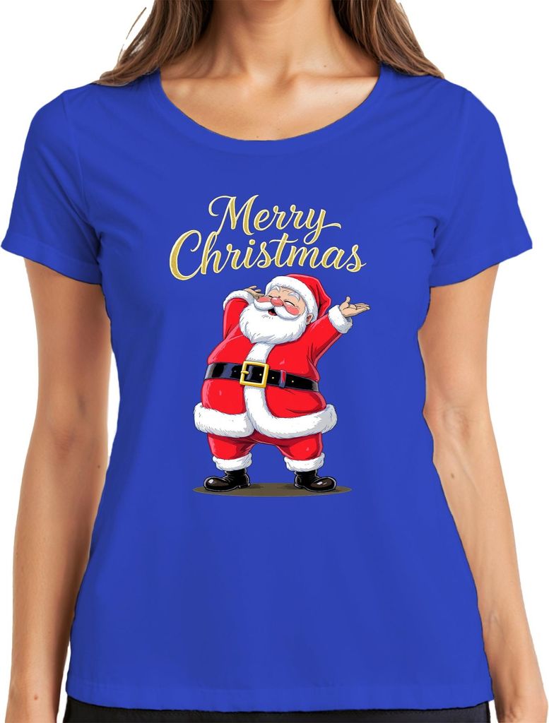 Merry Christmas Weihnachtsmann Santa Claus Lustig Geschenk Kinder Damen T-Shirt, Blau, XL