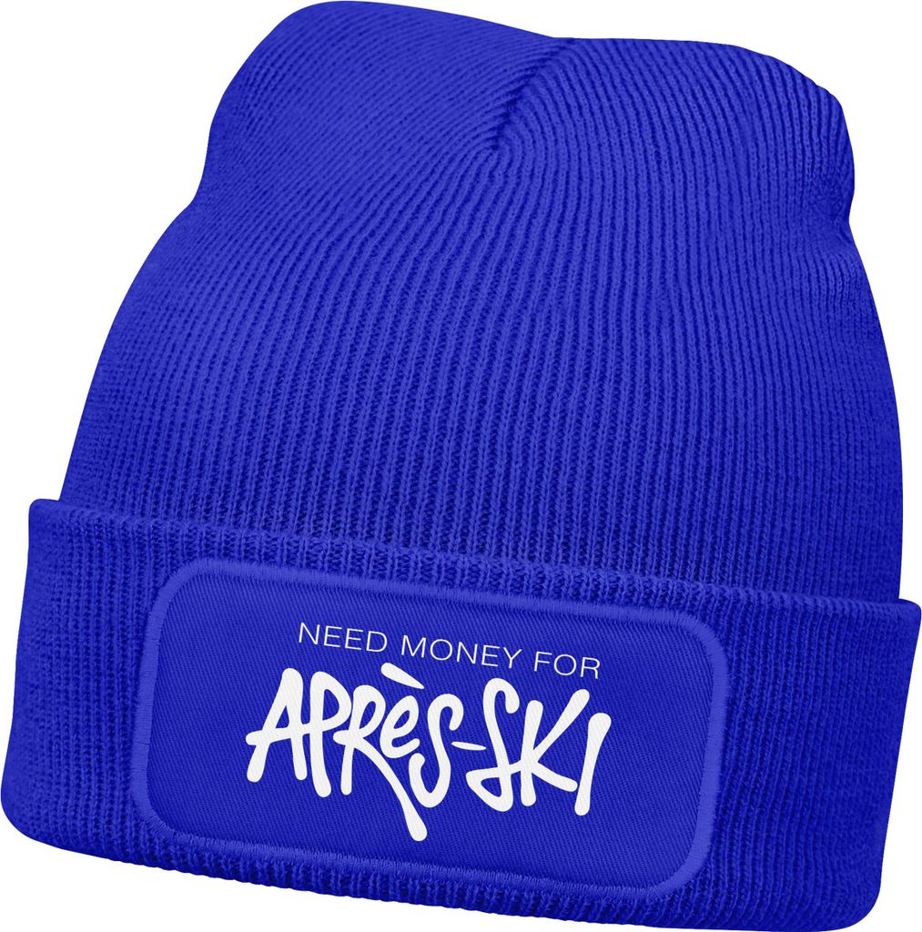 Herren Beanie mit Spruch Need Money for Après-Ski Strickmütze Aufdruck Lustig Mütze Männer Wintermütze Skifahren Moonworks