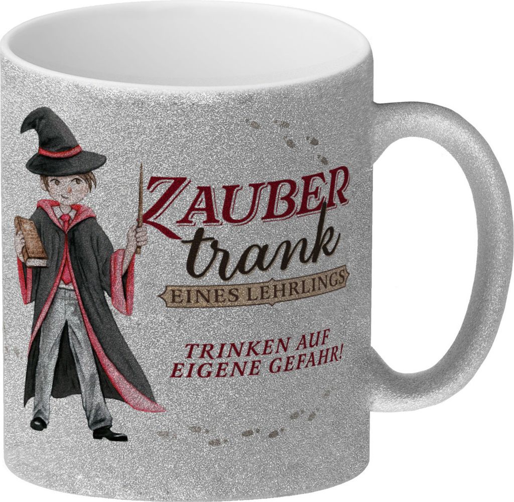 Zaubertrank Glitzer-Kaffeebecher mit Zauberschüler in rot
