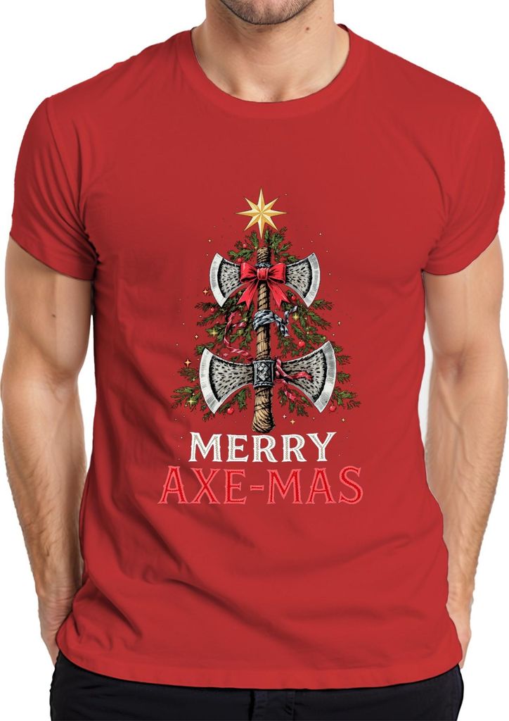 Merry Axe-mas Wikinger Axt Weihnachtsbaum Schleife Geschenk Herren T-Shirt, Rot, 3XL