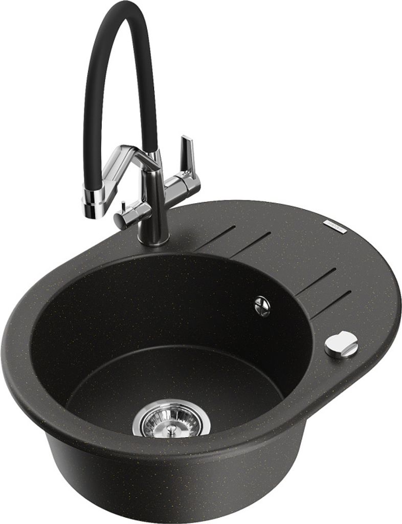 Mexen Kevin 1-Becken-Granitspüle mit Mischbatterie Duo, Schwarz/Gold metallisch - 6517-75-671701-07